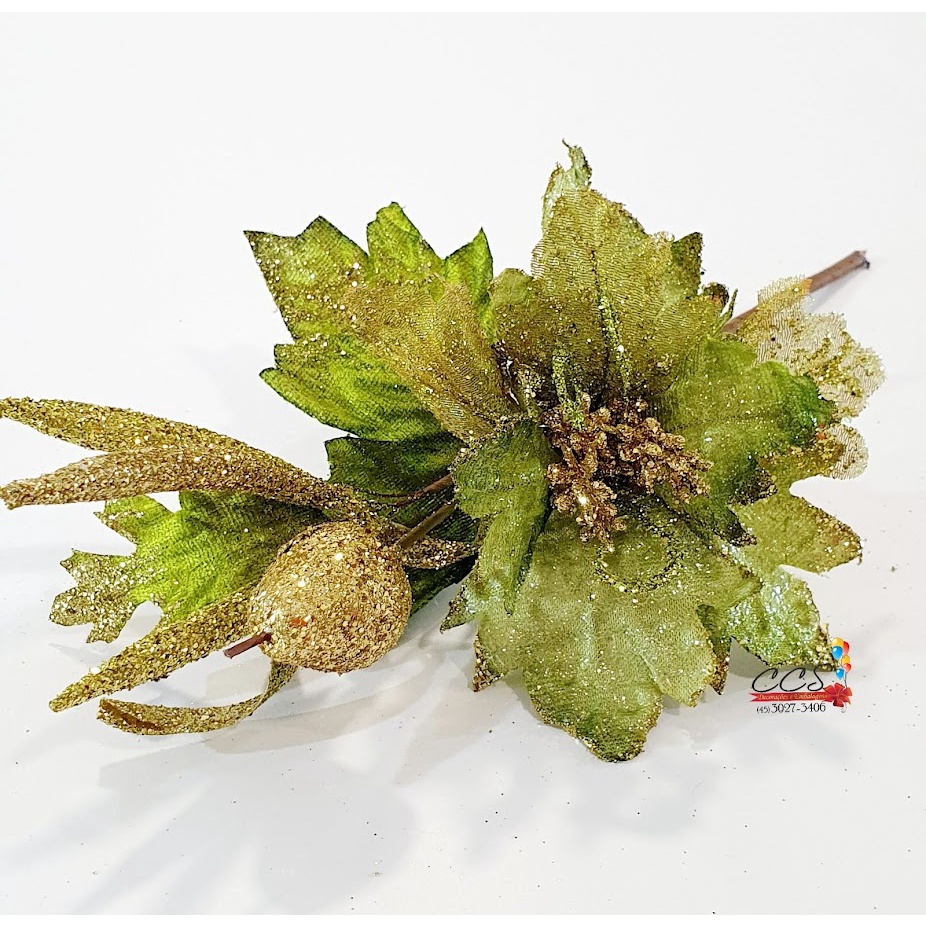 Flor de Natal Verde Claro Com Galho e Mini Pera Dourada - Flores Cabo Curto  - Ref 1313205 Cromus Natal | Shopee Brasil