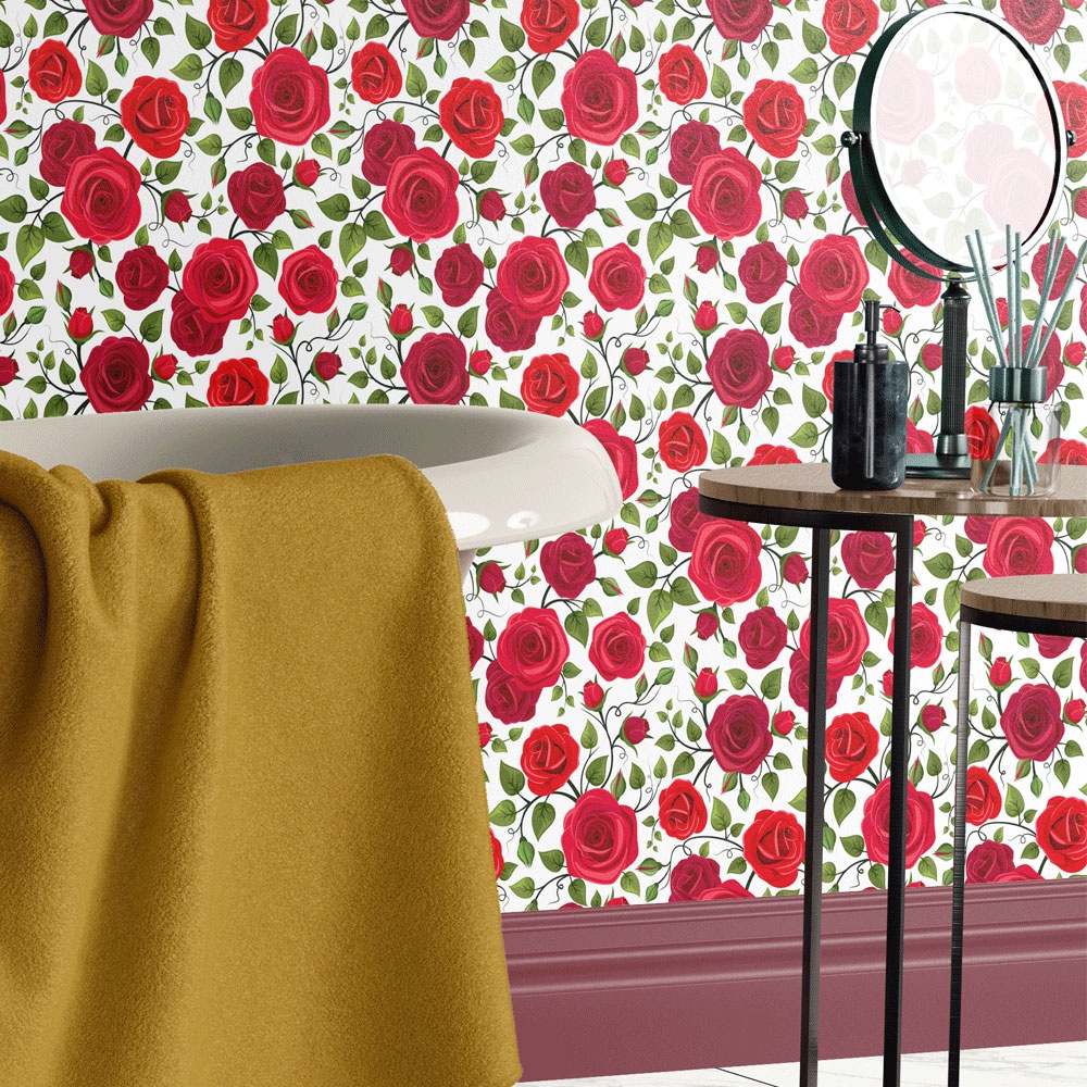 Papel de Parede Adesivo Lavável Floral Rosas Vermelhas - Home & Living