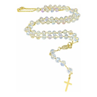 Terço Colar Cristal Transparente para rezar e Colar para pescoço Feminino Religioso 45cm Cristal Moda Religiosa Terço 2x1