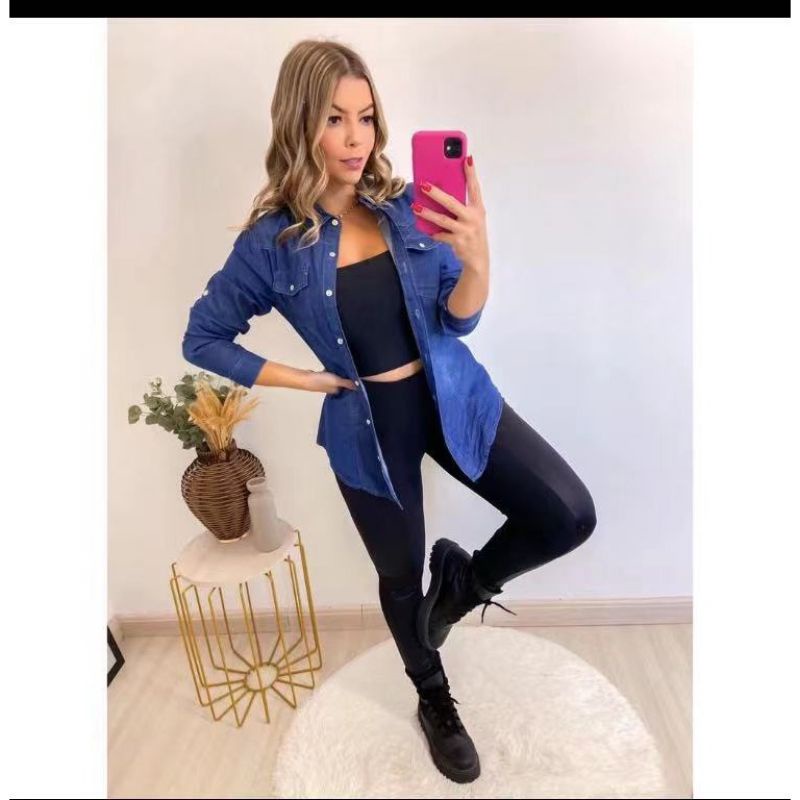 Camisa Jeans estampa Liso moda feminina manga longa em Oferta na Shopee