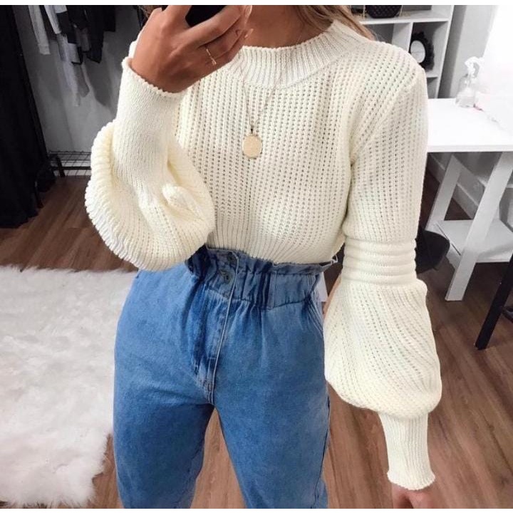 Blusa Tricot Feminina Manga Longa Bufante Tricô