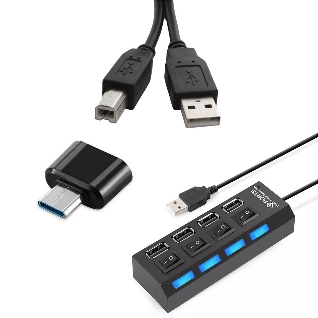 Adaptador Hub 4 Portas + Otg Usb C + Cabo Usb para Impressão Celular Computador Mouse Teclado Impressora Epson