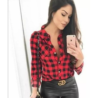 Camisa Xadrez Feminina Em Viscose Blusa Com Bolsos YB-901