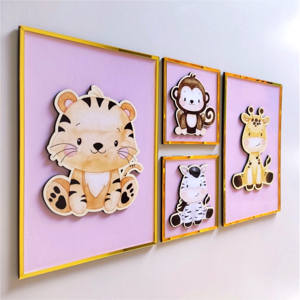 Quadro Decorativo 4 Peças Safari Pra Crianças Quarto de Menino e Menina Decoração Infantil Imagem em 3D Alto Relevo