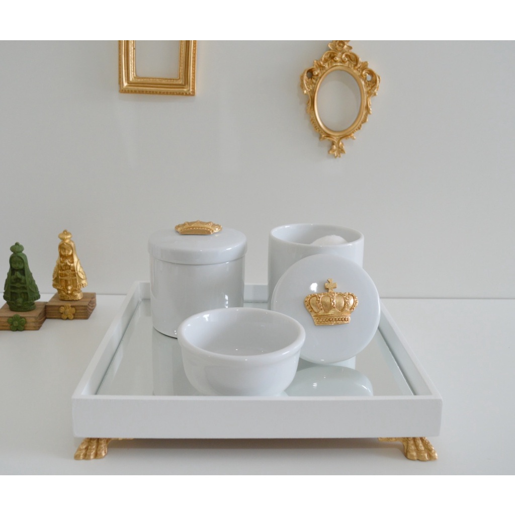 Kit Higiene Bebê K049 Dourado Bandeja Branca Porcelana