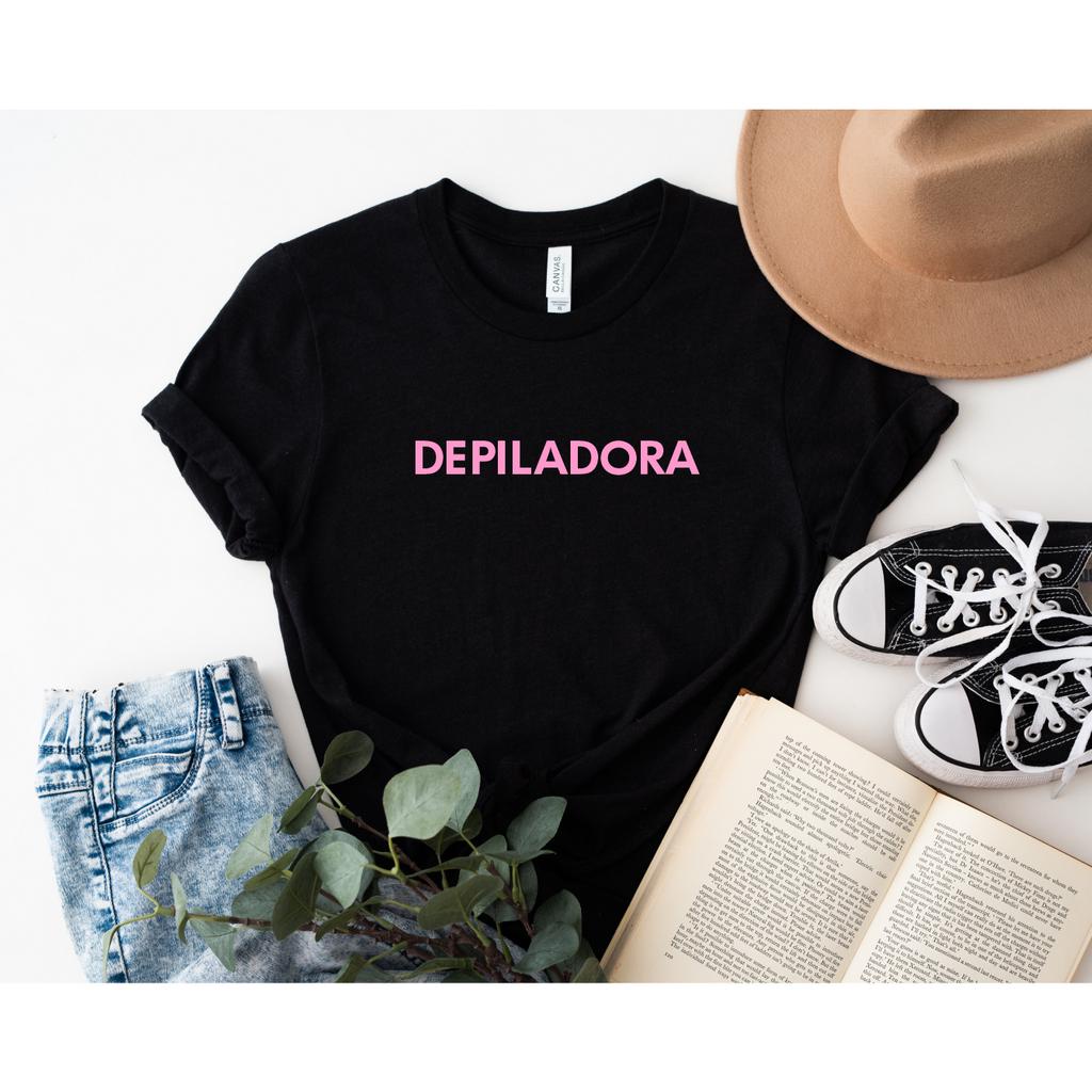 Blusa T-shirt Feminina Depiladora Preta com Rosa