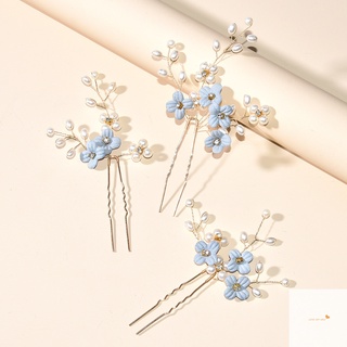 3 Pcs Flor Azul Em Forma De U Pinos De Cabelo Pérola Elegante Headwear Para O Casamento Nupcial Mulheres Acessórios De Cabelo Jóias