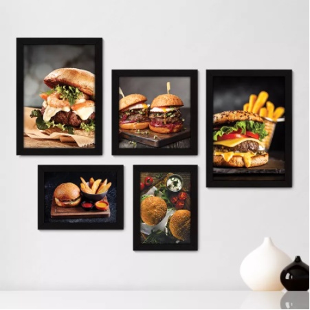 Quadros decorativos 5 peças mosaicos para sua casa Hamburguer G Hamburgueria Cozinha Star = 295