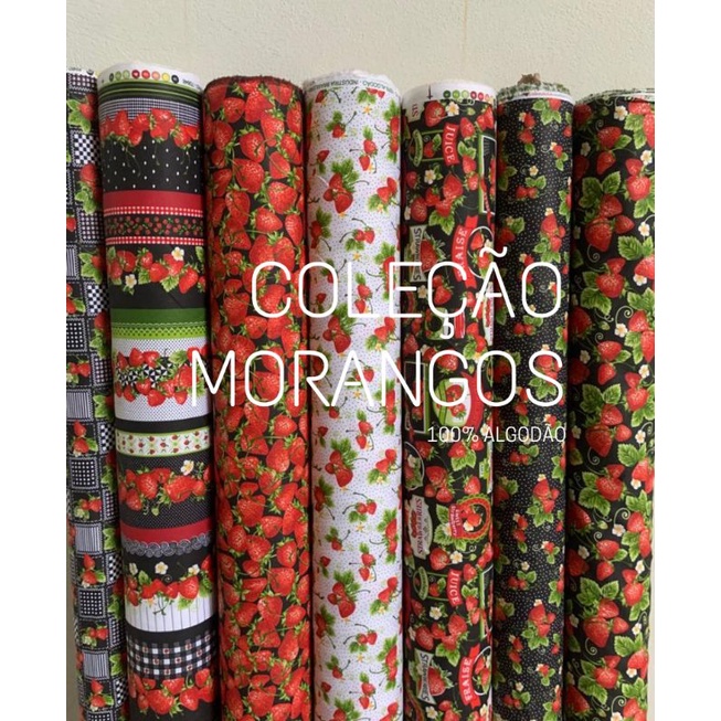 TECIDO Tricoline 100% algodão coleção morangos em Oferta na Shopee