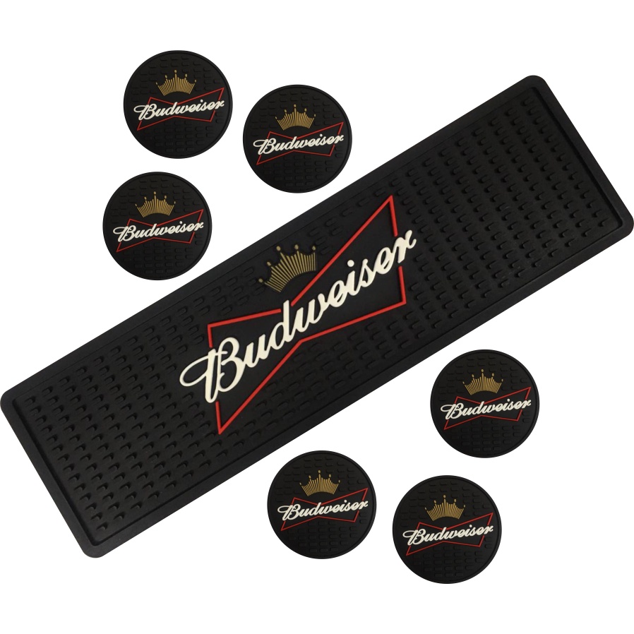 Tapete Barmat Bud 50x15 + 6 Porta Copos Service Mat Tapete Escorredor Para Mesa Bar Balcao