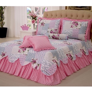 Kit Colcha Cobre Leito Belize Estampado Patchworw Casal Queen 6 Peças Floral 4 Cores