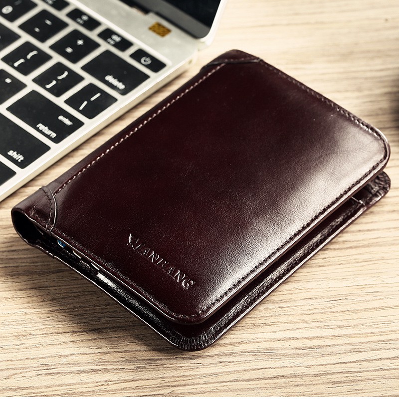 Carteira Masculina Tri-Fold MANBANG em Couro Legítimo Italiano Encerado – Slim, Bloqueio RFID e Caixa de Presente