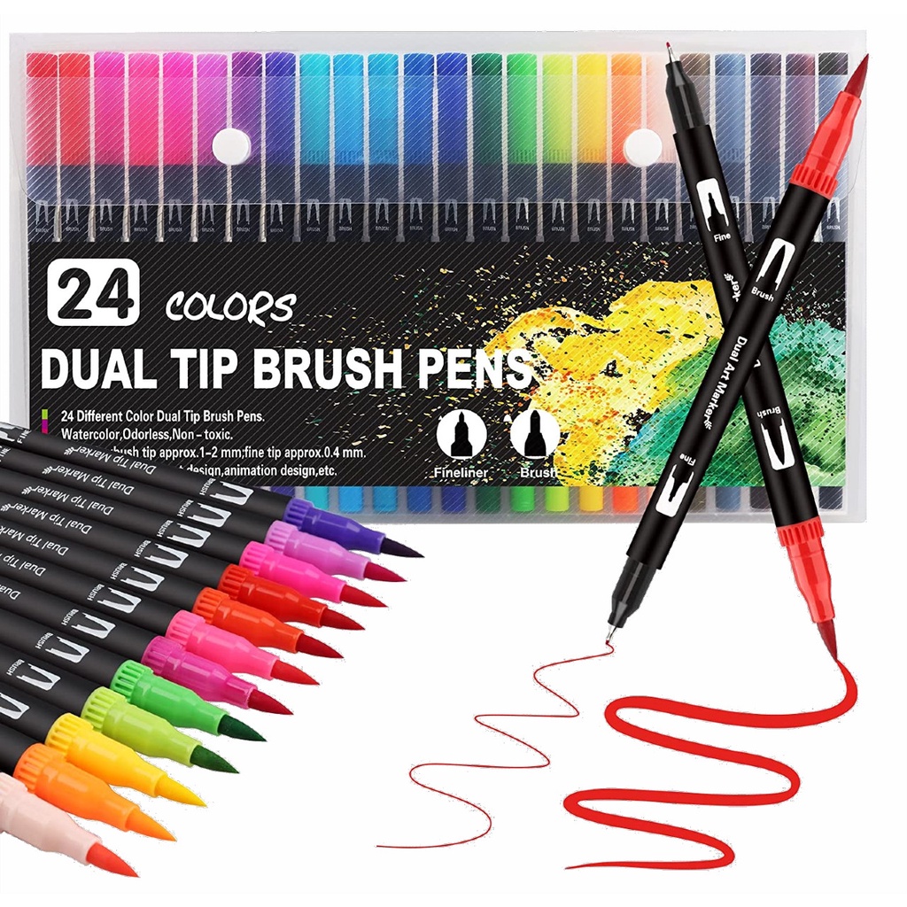 Kit 24 Canetas Dois em Um Dual Tip Brush Pen + Fineliner - 24 Cores