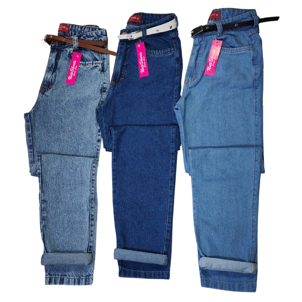 Calça Jeans Feminina Mom Cintura Alta + Cinto