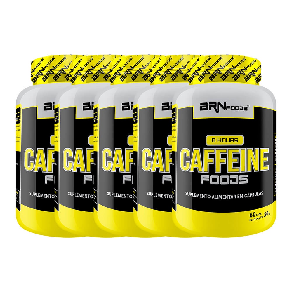 Kit 5 Potes de Cafeína 8 Hours Caffeine Foods 60 Caps - BRN Foods em Oferta na Shopee