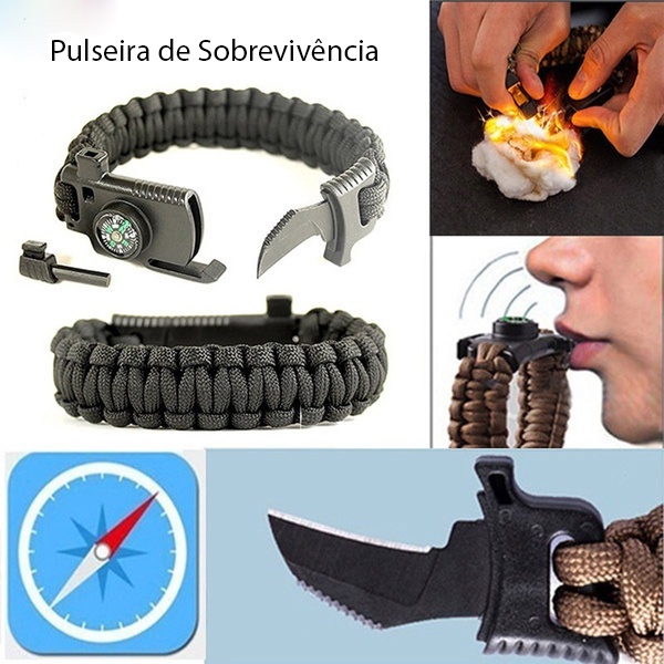 Pulseira Bracelete Paracord 5 em 1 Tatica + Bússola + Pederneira + Faca & Apito - Ideal para Sobrevivência