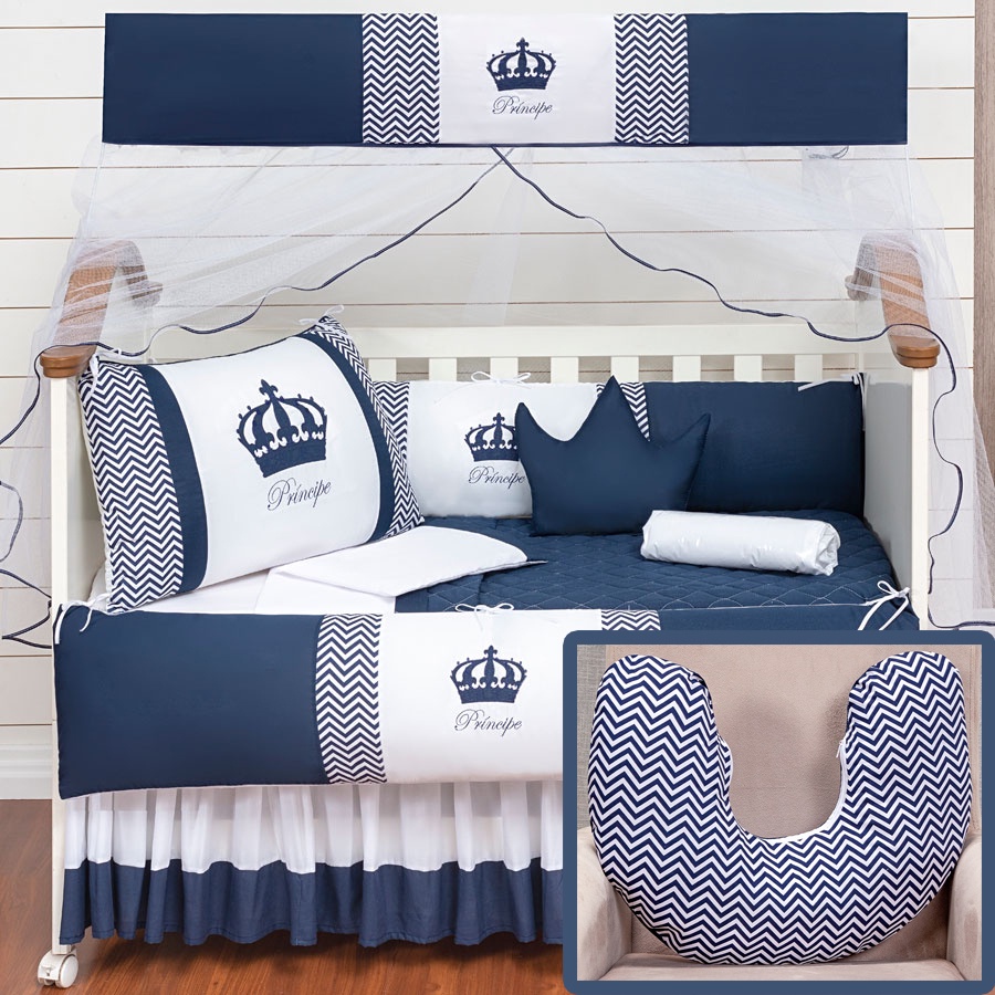 Kit Berço Coroa Lateral Marinho Principe com Almofada Amamentação 12 Peças Completo Menino Promoção