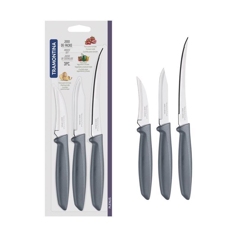 Jogo de Facas Plenus Lâminas Aço Inox e Cabos Cinza 3 Peças - Tramontina em Oferta na Shopee