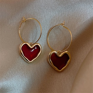 Doce Borgonha Esmalte Coração Brincos Para As Mulheres Menina Cor Do Ouro Metal Amor Pendurado Pendurados Jóias Vintage