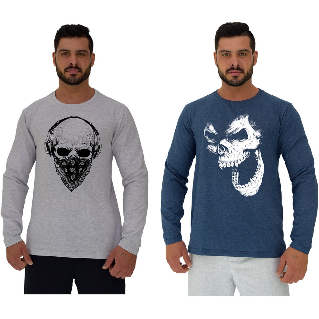 Kit 2 Camiseta Manga Longa Masculina MXD Conceito Moda Inverno Caveira Gangster e Caveira Gorila Nas Cores Mescla Alvejado e Mescla Marinho