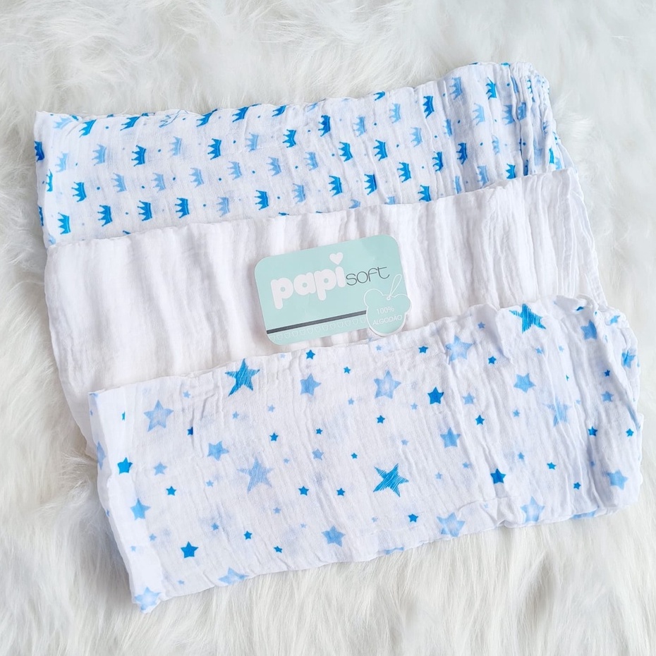 Cueiro Swaddle Papi Soft Super Macio Estampado Azul 1,0M X 80Cm Contem