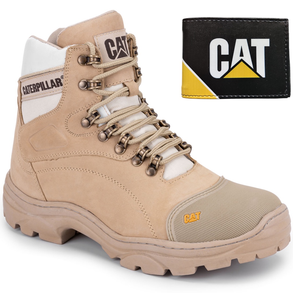Bota Masculina Caterpillar Original Couro Cor Nude Palmilha gel Confortável + Carteira.
