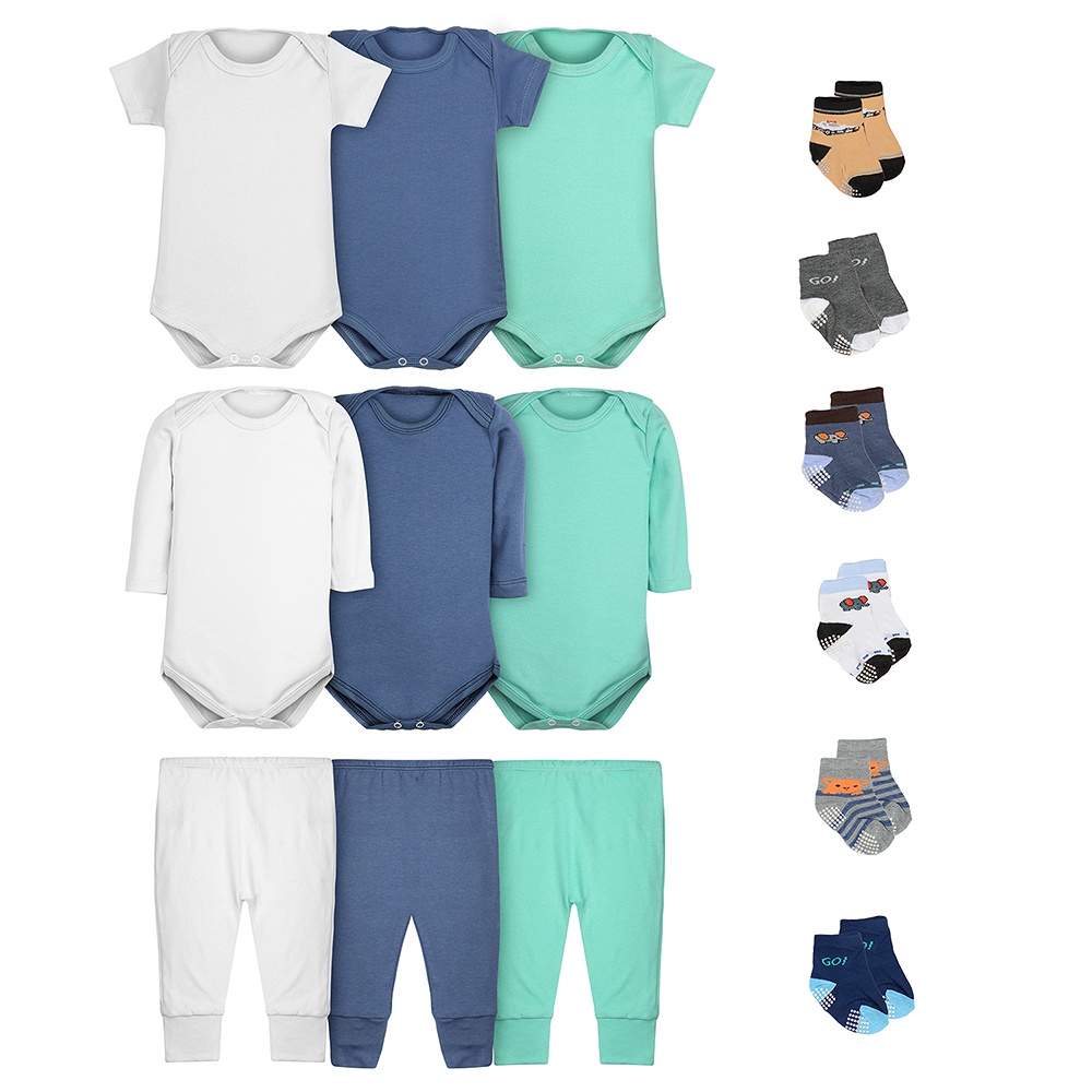 Body Bebê Calça Mijão e Meias Kit 15 Peças Masculino Roupinha de Bebê