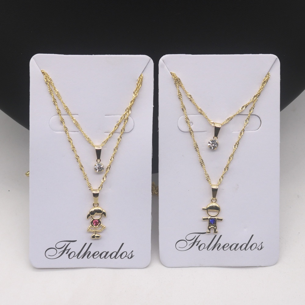colar gargantilha duplo 2 camadas de folheado a ouro pingente Resina Menino Menina filho filha com ponto de luz zircônia feminino mulher luxo