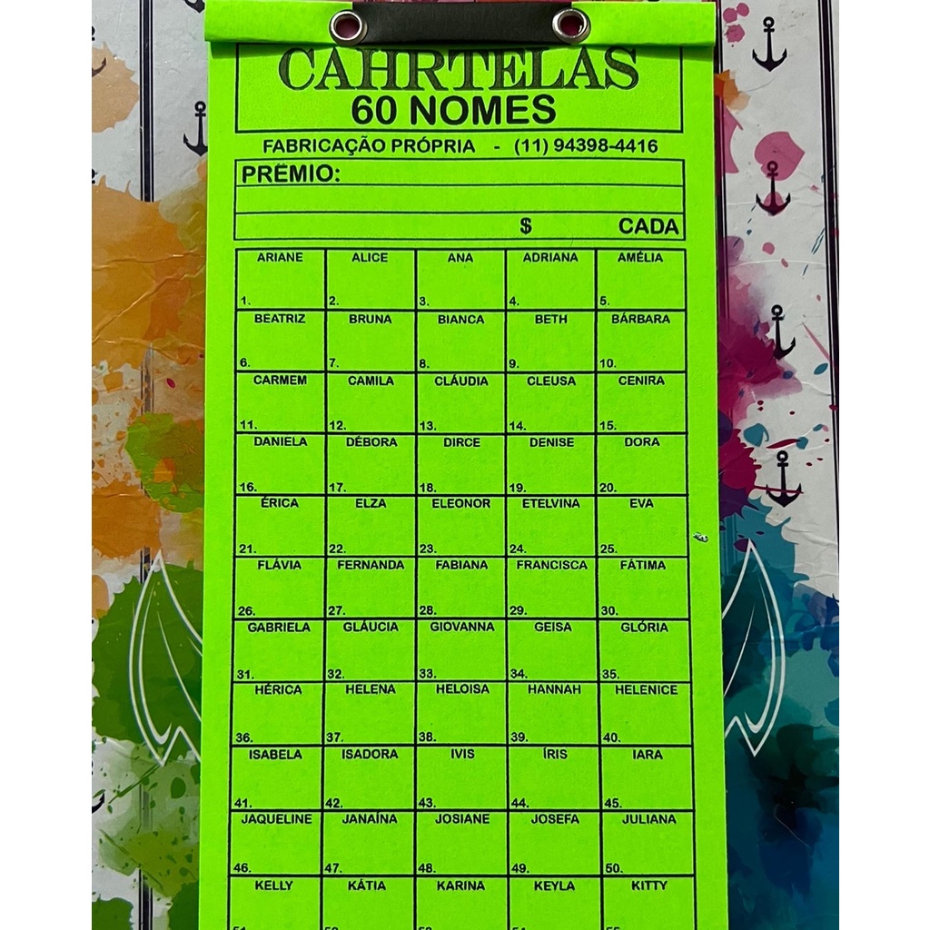 Cartela de rifa 60 nomes pct com 10 unidades