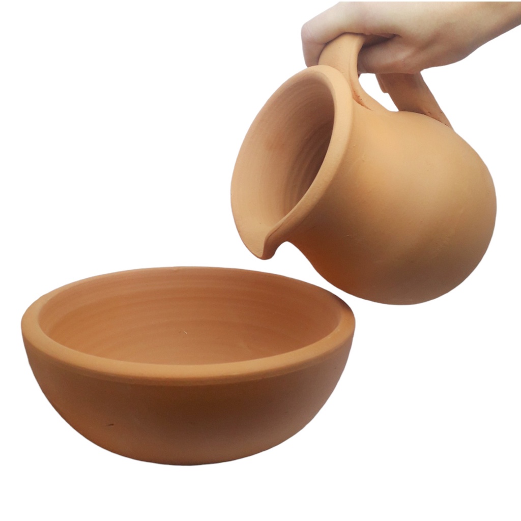 Jarra De Barro Com Alça  e Bacia Decoracão Vaso Terracota Igreja