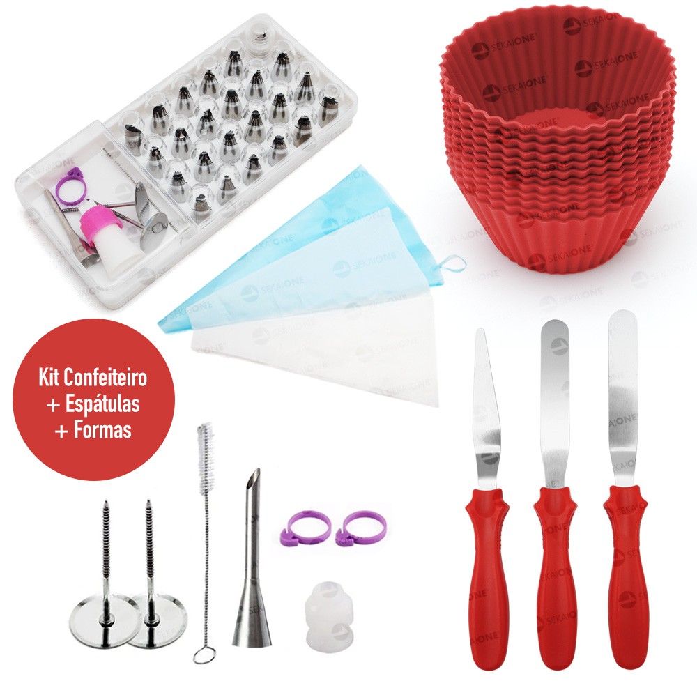 Kit confeiteiro 35pcs + Forma de Silicone Vermelha + Espátulas