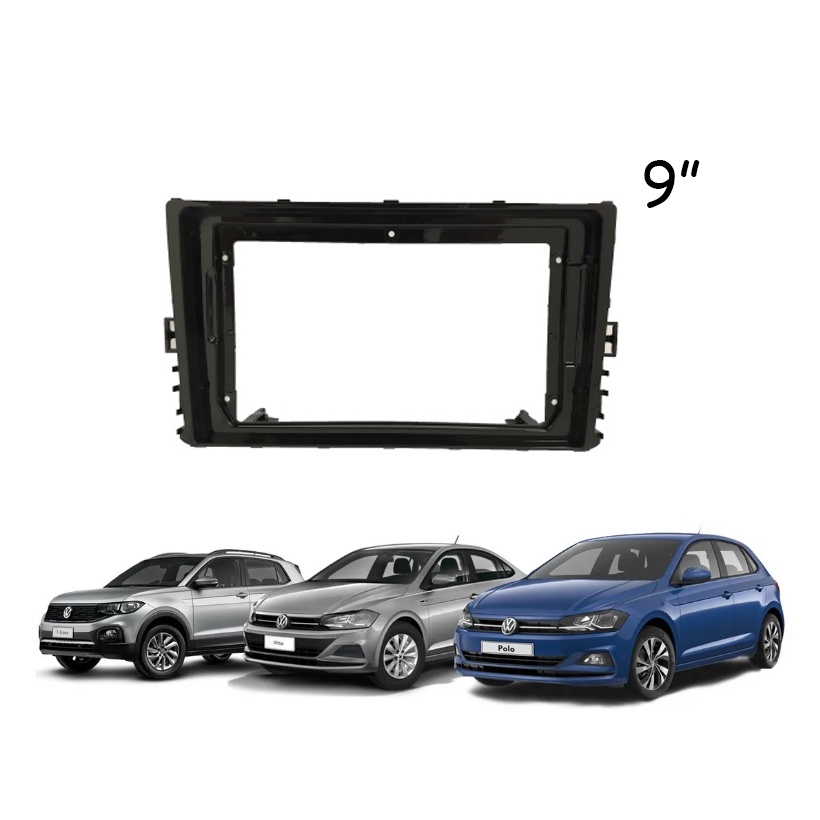 Moldura Painel DVD 2 Din MP5 Central Multimidia 9 Polegadas VW Novo Polo Virtus Tcross Nivus Black Piano