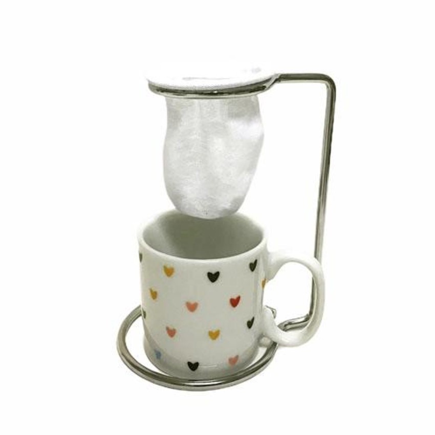 Kit Caneca Cerâmica Coração Love 100ml Suporte Aço Inox Coador Pano Individual Conjunto