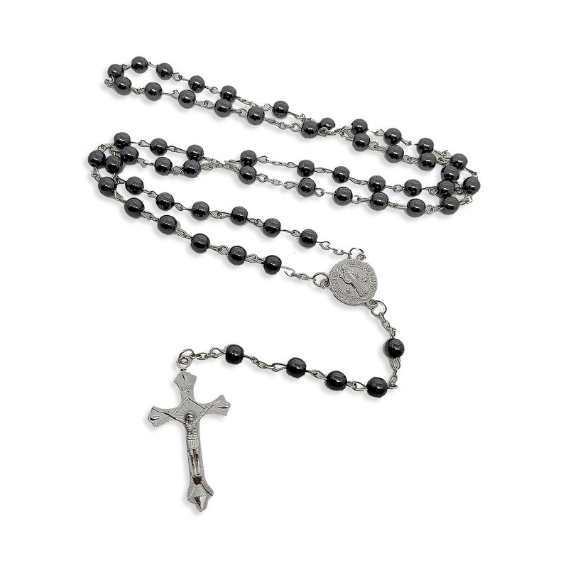 Terço Masculino Preto Pedra Hematita São Bento
