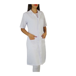 Jaleco Feminino de Oxford Branco Manga Curta com Três Bolsos