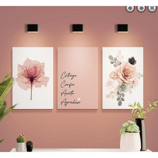 Kit Quadros Decorativos Mosaico 3 Peças Trio Frase Salmo Entrego Confio Aceito Agradeço Fé Família Gratidão Flor Floral Rosa Rose Vintage Minimalista