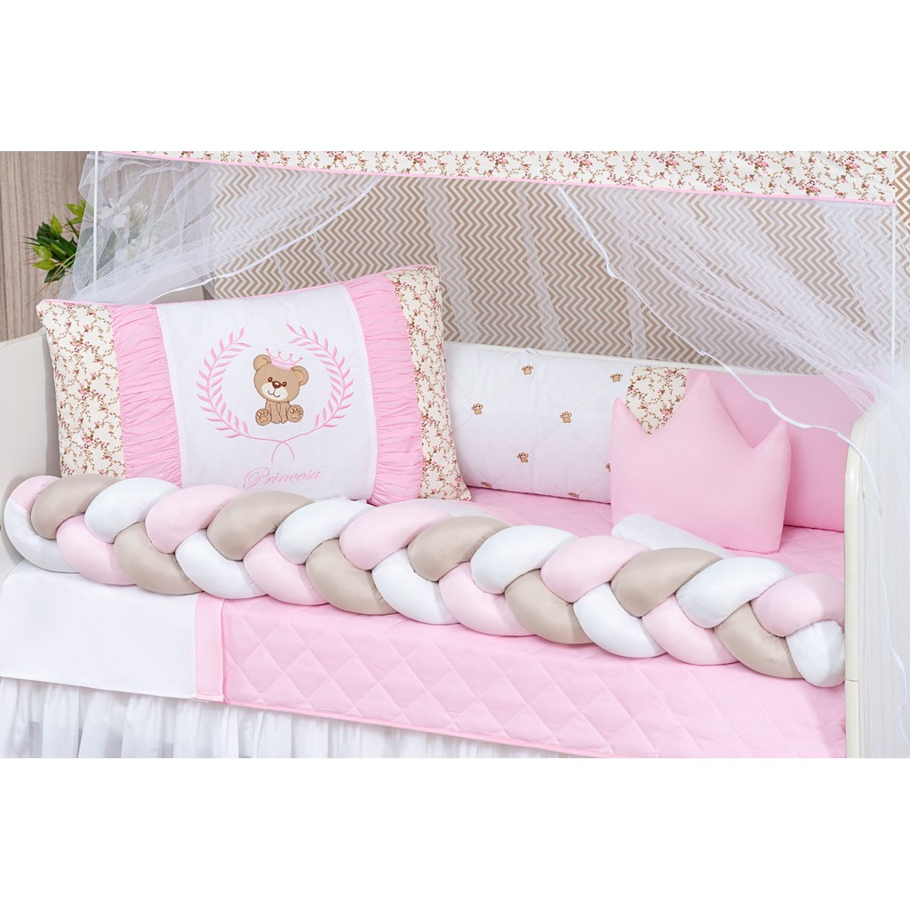 Kit Berço Trança Urso Teddy Rosa Menina Completo Com Lençol e Saia Box 11 Peças LINHA BABY REI DO KIT BERÇO