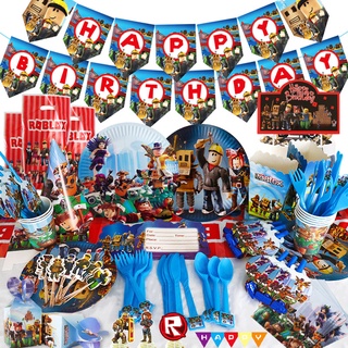 Roblox Sandbox Game Tema Festa de Aniversário Bolo Decoração Copo de Papel Prato de Papel Chapéu Banner Conjunto de Talheres