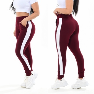 Calça Feminina Jogger Listrada Crepe Slim Fit Academia Casual com Punho Plus Size