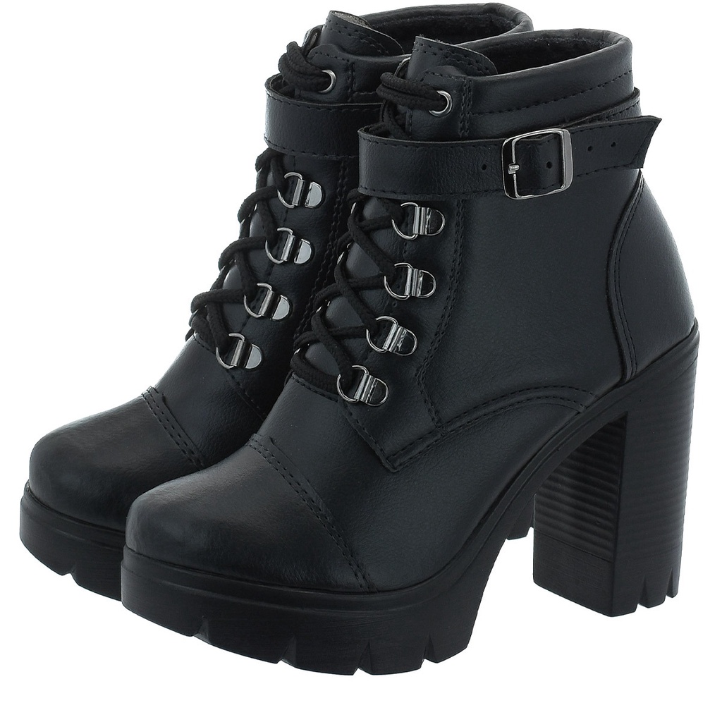 Bota plataforma coturno feminino em fivela cano medio salto alto