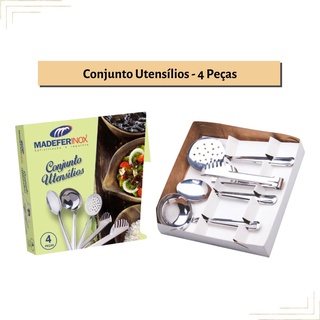 Conjunto utensilios cozinha aço inox 4 peças pegador alimento