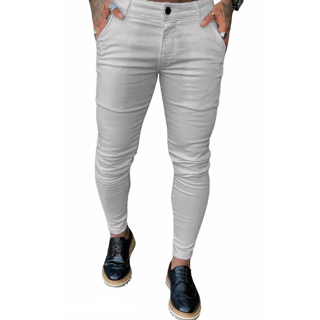 Calça Alfaiataria Skinny Social Cinza Claro Esporte Fino Calça Sarja Elastano Skinny Masculina