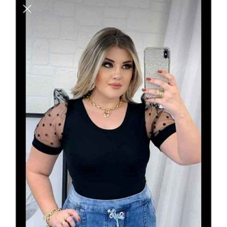 Blusa Plus Size Gola V Manga Tule Poá Bufante Com Punho FEMININO