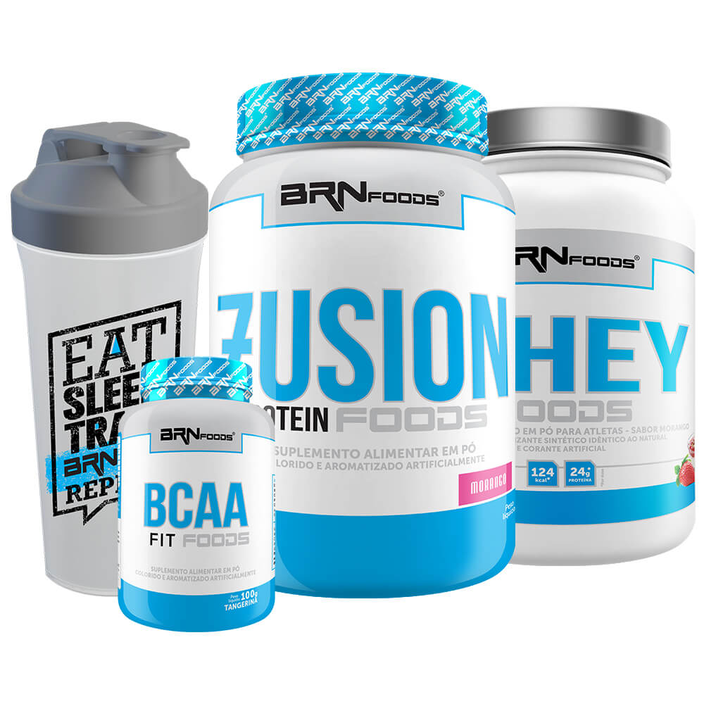 Kit Fusion Whey Protein 900g + Whey Foods 900g + BCAA Fit 100g + Coqueteleira – BRNFOODS
