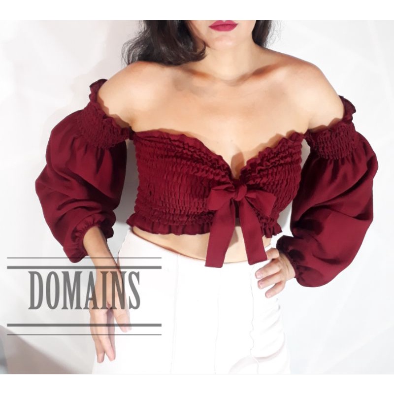 Blusa Cropped Lastex Ciganinha Manga Bufante Ombro a Ombro Tendência 2022 Top Crop