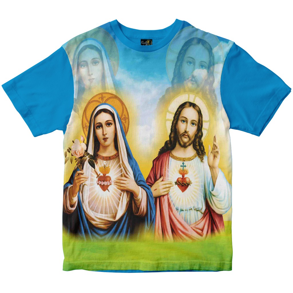 Camiseta Sagrado Coração de Jesus e Maria Rainha do Brasil Azul Turquesa