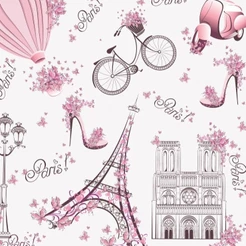 Papel de Parede Infantil Paris fundo rosa claro Lambretas e Flores Para Sala e Quarto