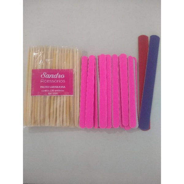 kit manicure c/100 palitos 12.5, 100 lixas pink 11, +2l lixas larga.