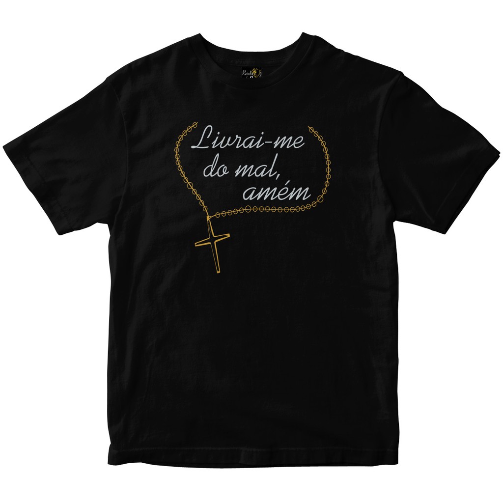 Camiseta Católica Frase Livrai-me do mal Amém Rainha do Brasil Preta