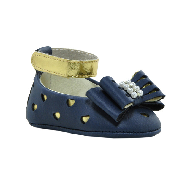 Calçados Sapatinho de Bebê - Sapatilha Feminina c/ Laço, Pérola e Strass - Bicho de Pé - Sintético - Azul Marinho e Ouro